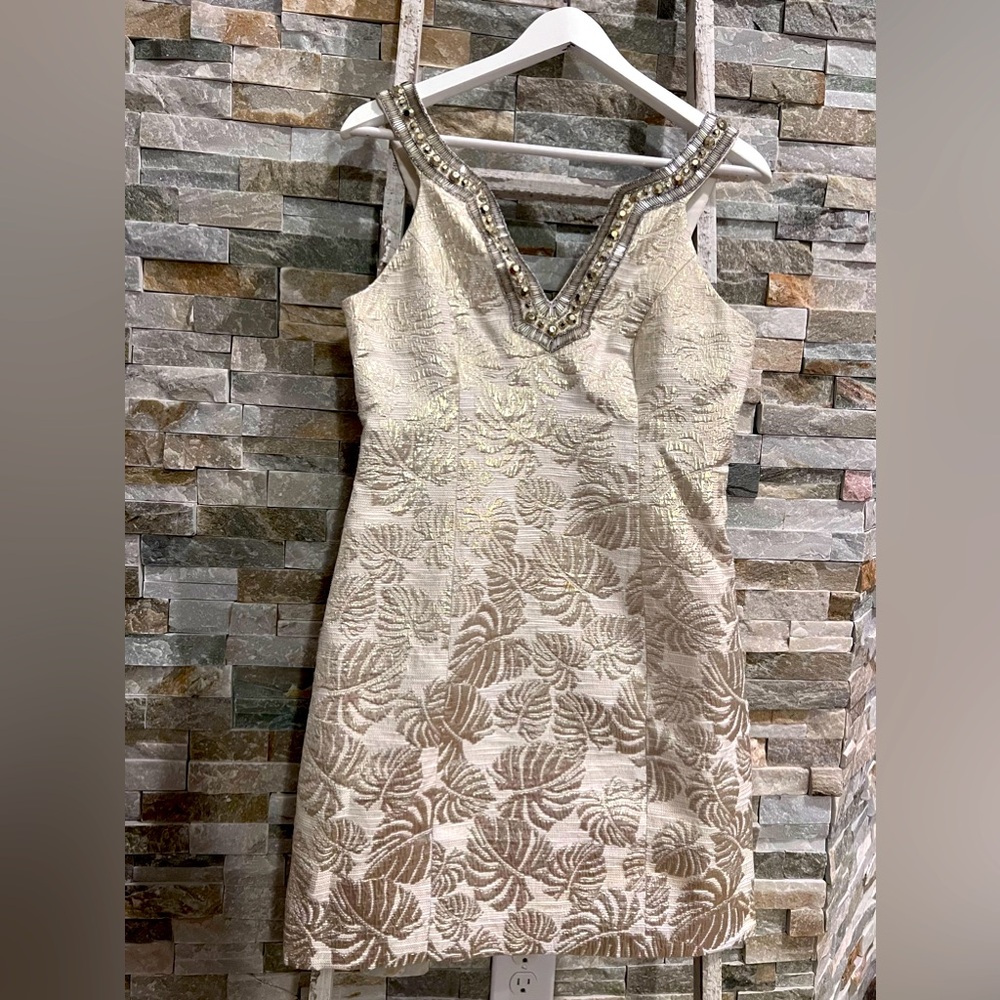 Lilly Pulitzer Womens Valli shift dress in gold palm jacquard size 2.